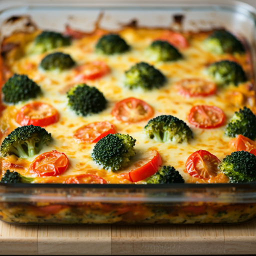 Gluten-free casserole with cheese, broccoli, and colorful vegetables, baked to perfection