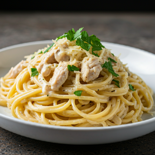 Gluten-free chicken Alfredo pasta in a creamy sauce with fresh herbs and grated Parmesan.