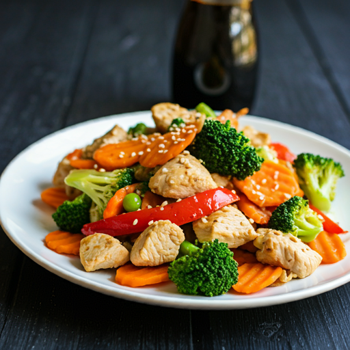 Gluten-free chicken stir fry with vibrant vegetables like bell peppers, broccoli, carrots, and tamari sauce on a white plate