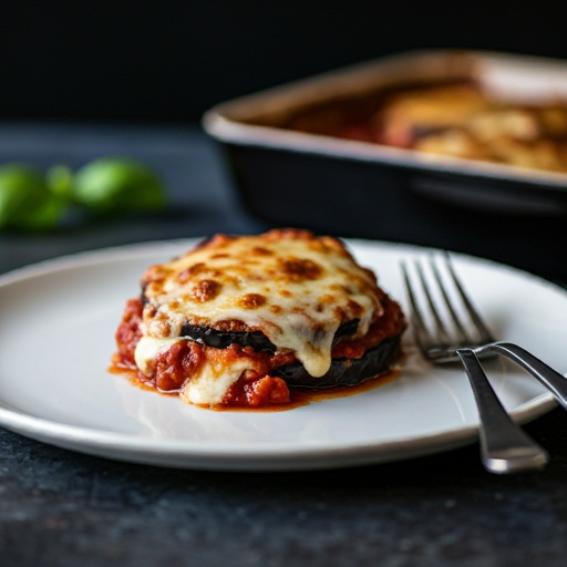 Gluten-Free Eggplant Parmesan with crispy eggplant slices, marinara sauce, and melted mozzarella cheese.