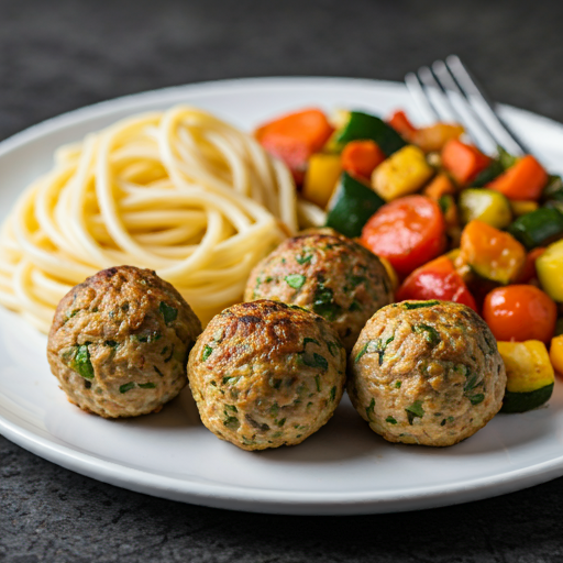 Plate of gluten-free meatballs served with pasta and vegetables – healthy gluten-free dinner option