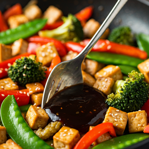 Gluten-free stir fry sauce in a bowl with fresh vegetables and tofu on a wooden table.