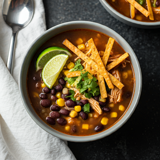 bowl of gluten-free chicken tortilla soup garnished with fresh cilantro and lime