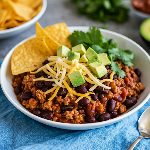 "A hearty bowl of gluten-free chili topped with fresh avocado, cilantro, and shredded cheese, served with crispy tortilla chips."