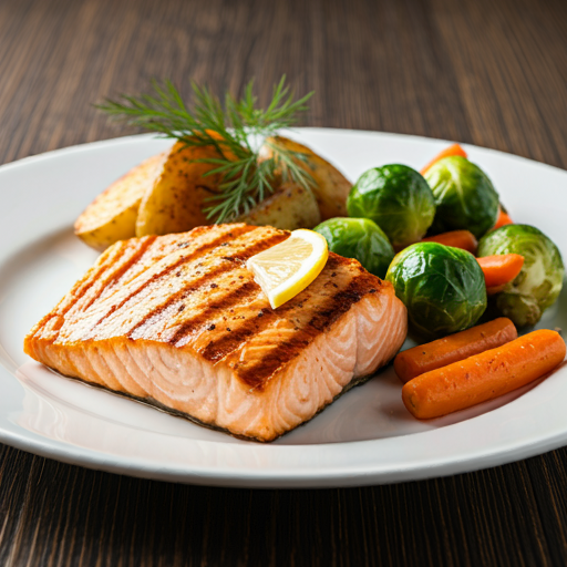 Grilled salmon fillet served with roasted vegetables and lemon, perfect for a gluten-free meal.