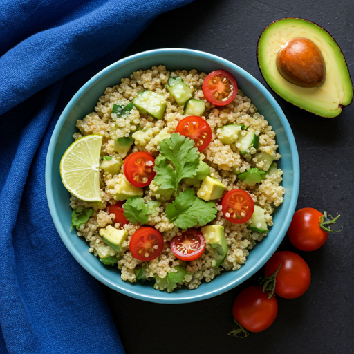 Fresh quinoa salad with avocado, cherry tomatoes, cucumber, and herbs - gluten-free and nutritious.