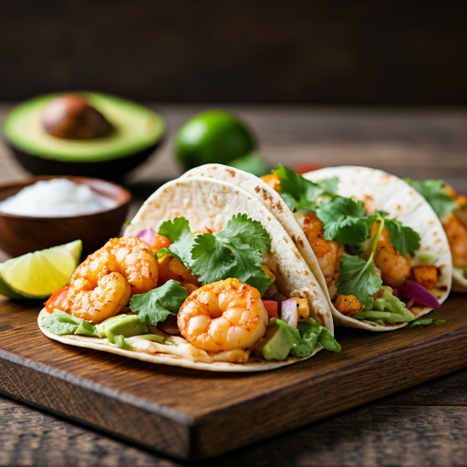 Gluten-free shrimp tacos with fresh cilantro, lime, and avocado on a wooden board.