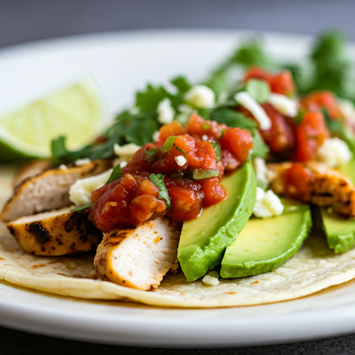 Delicious gluten-free taco with grilled chicken, avocado, and fresh cilantro served in a corn tortilla.