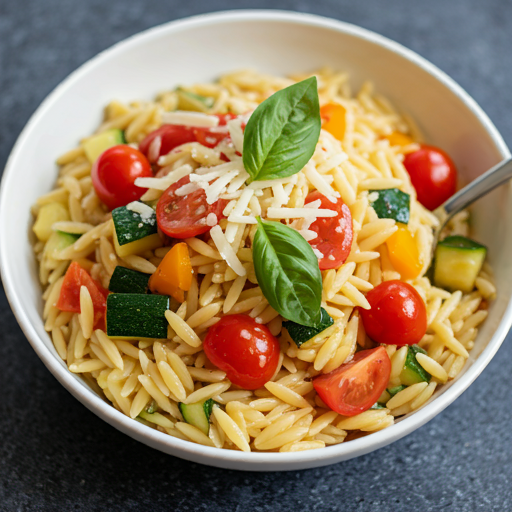 Gluten-free pasta with fresh vegetables like zucchini, tomatoes, and bell peppers, topped with parmesan cheese and basil.