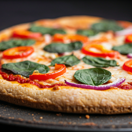 Gluten-free pizza with colorful vegetable toppings and a crispy crust, showcasing a healthy and delicious homemade meal.