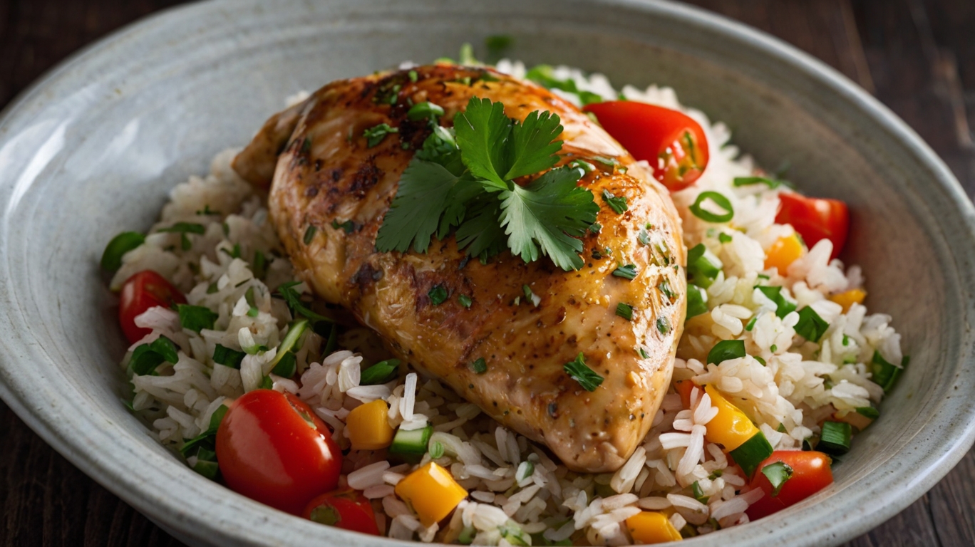 A bowl of chicken and rice with herbs and vegetables, showcasing various ways to add flavor to a classic dish.