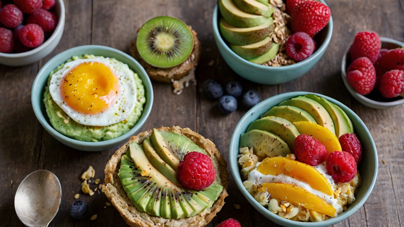 Egg-Free Breakfast Spread Featuring Smoothie Bowls and Avocado Toast