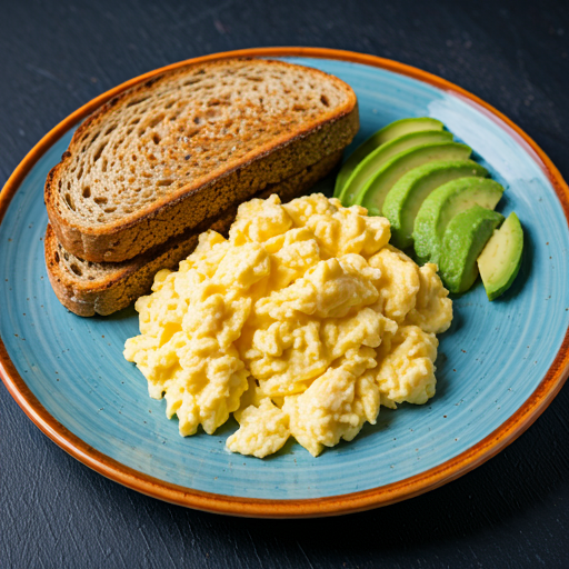 Delicious gluten-free breakfast for dinner – scrambled eggs, avocado, and toast