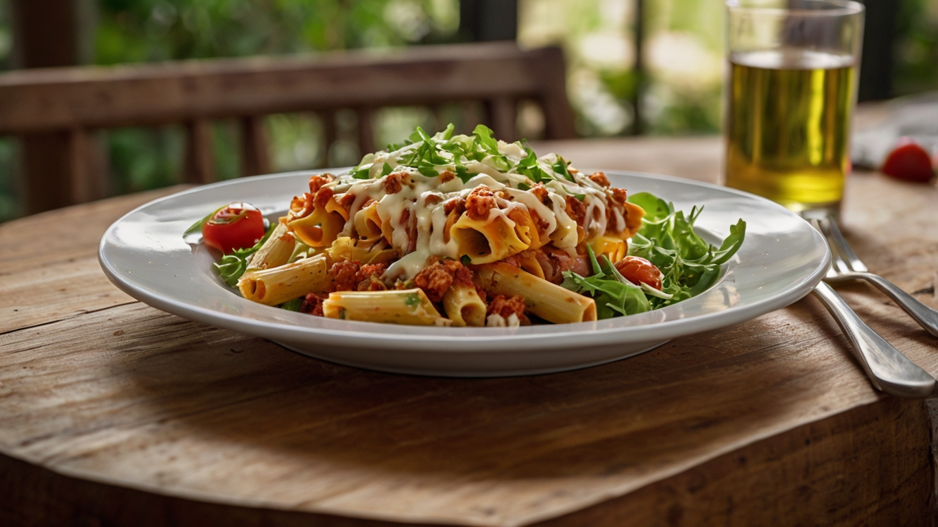 Best Baked Ziti ever served with fresh basil garnish