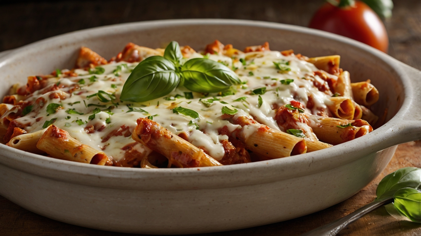 A delicious bowl of best baked ziti recipe with melted mozzarella and tomato sauce