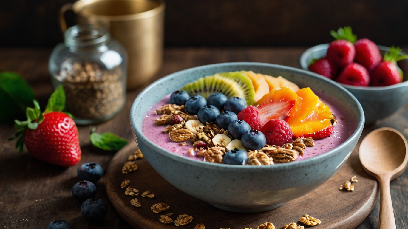 Delicious smoothie bowls recipes with fresh fruits and granola