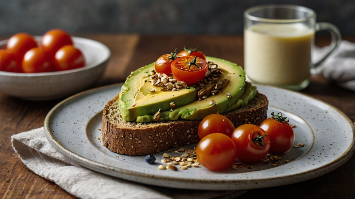Delicious vegan avocado toast topped with cherry tomatoes and hemp seeds