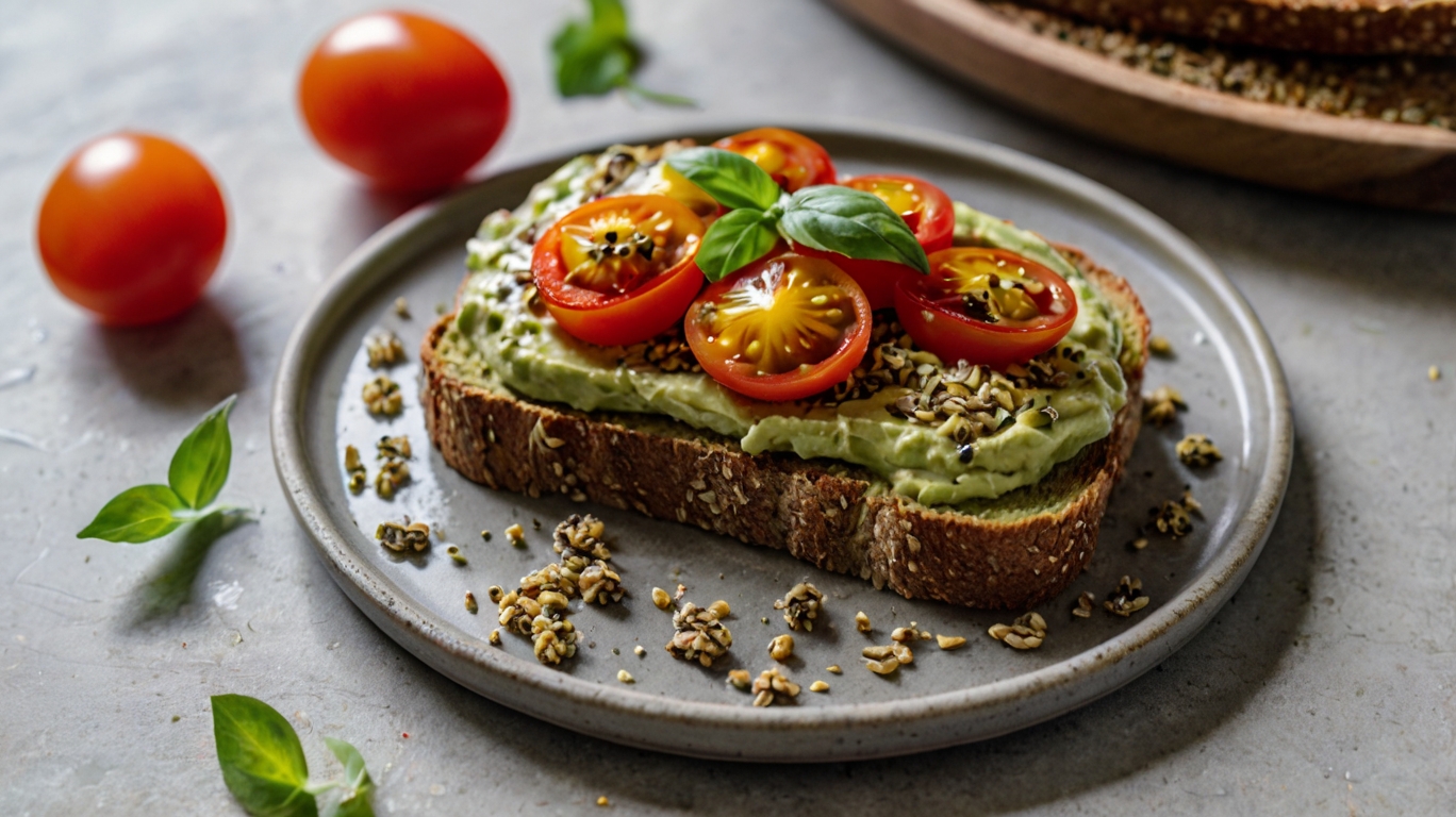 Vegan avocado toast topped with cherry tomatoes and hemp seeds