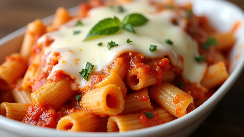 Delicious world's best baked ziti with melted mozzarella and rich marinara sauce.