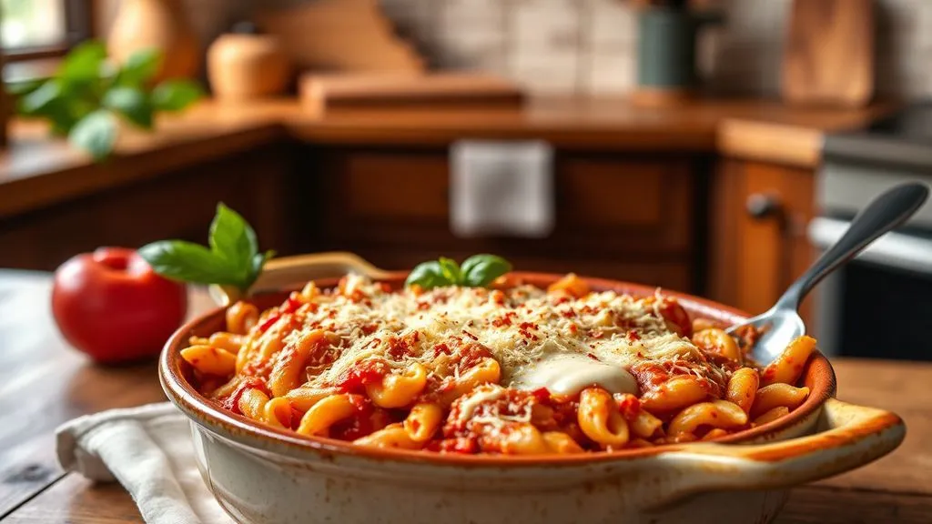 A freshly baked ziti dish with melted mozzarella and golden Parmesan cheese, garnished with fresh basil leaves.