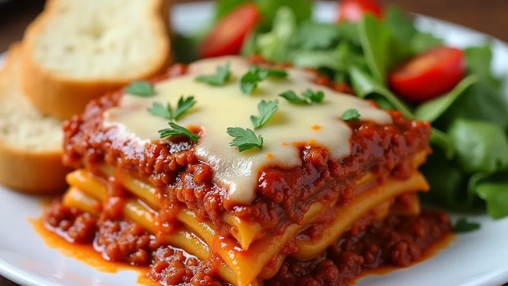 Delicious Ragu Baked Ziti Recipe served with garlic bread and Caesar salad