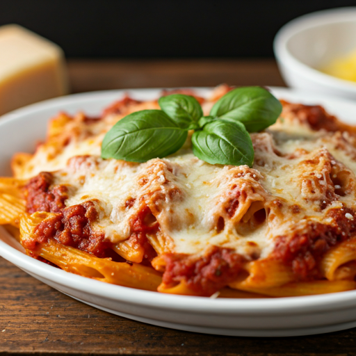 Delicious easy baked ziti topped with melted mozzarella and golden Parmesan cheese.